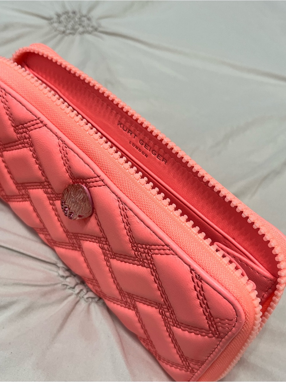 Kurt Geiger Quilted Coral Pink Woven Clutch with Decorative Clasp